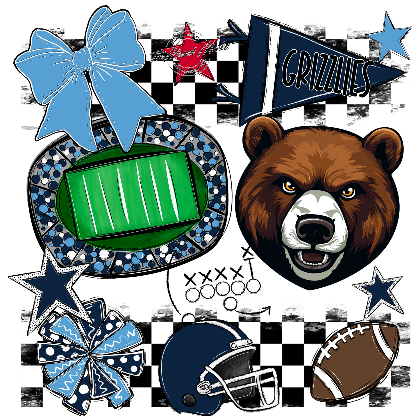 Grizzlies Checkers Mascot Spirit Design-Navy-Carolina Blue