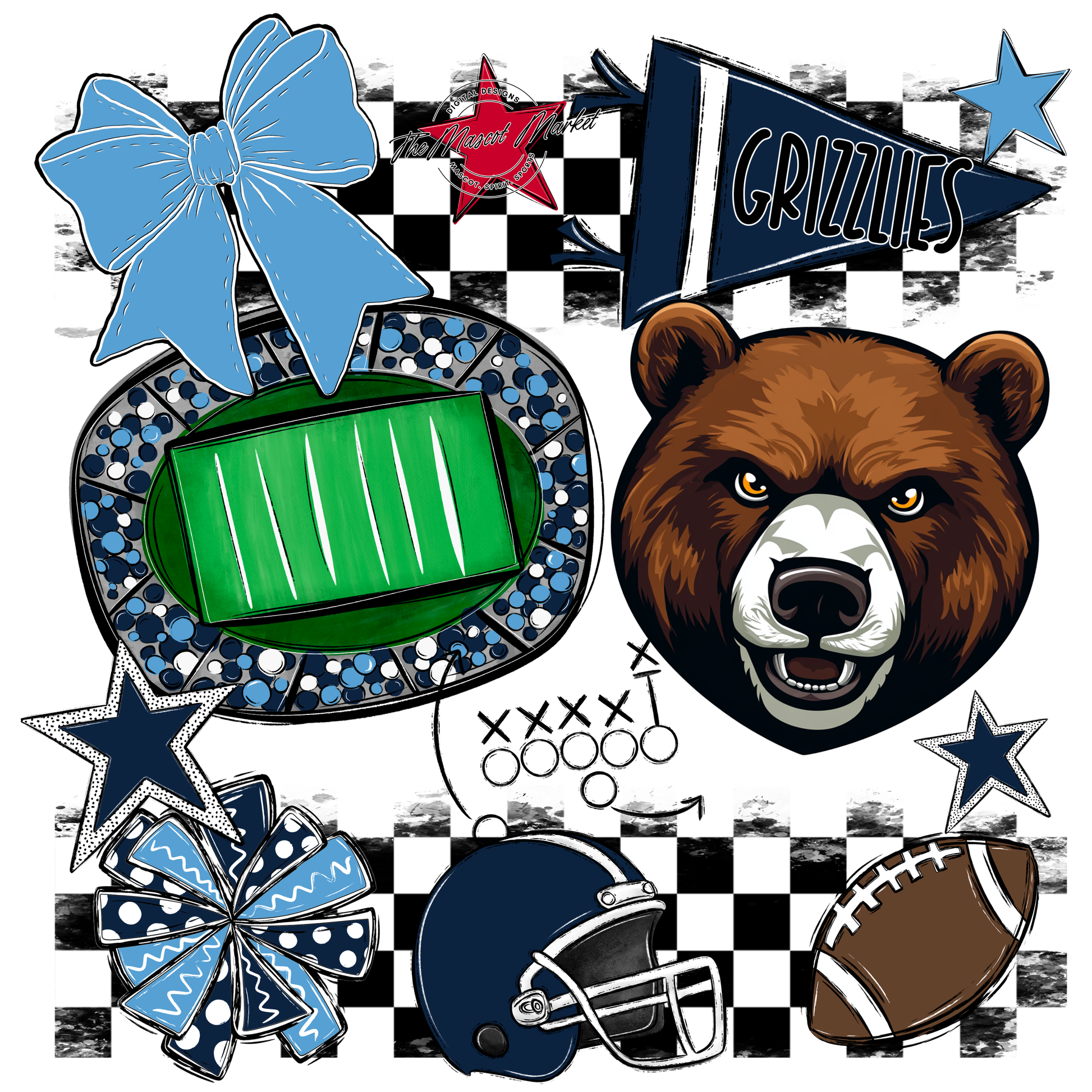 Grizzlies Checkers Mascot Spirit Design-Navy-Carolina Blue
