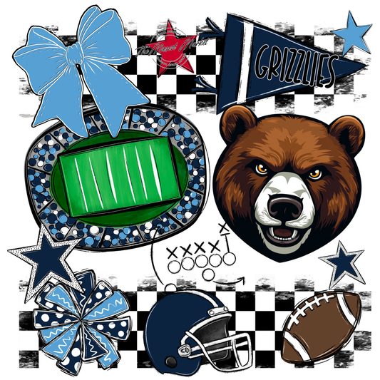 Grizzlies Checkers Mascot Spirit Design-Navy-Carolina Blue