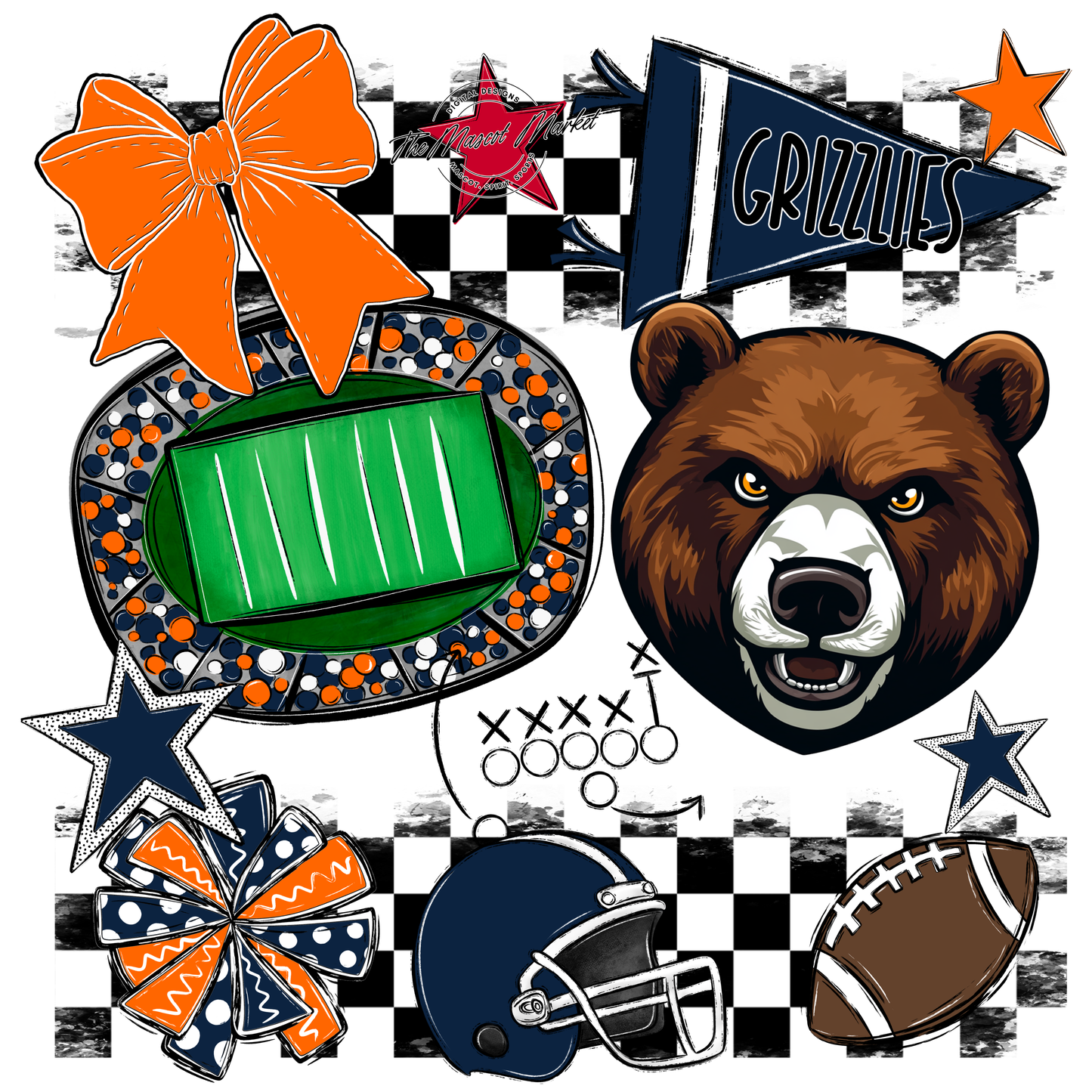 Grizzlies Checkers Mascot Spirit Design-Navy-Orange
