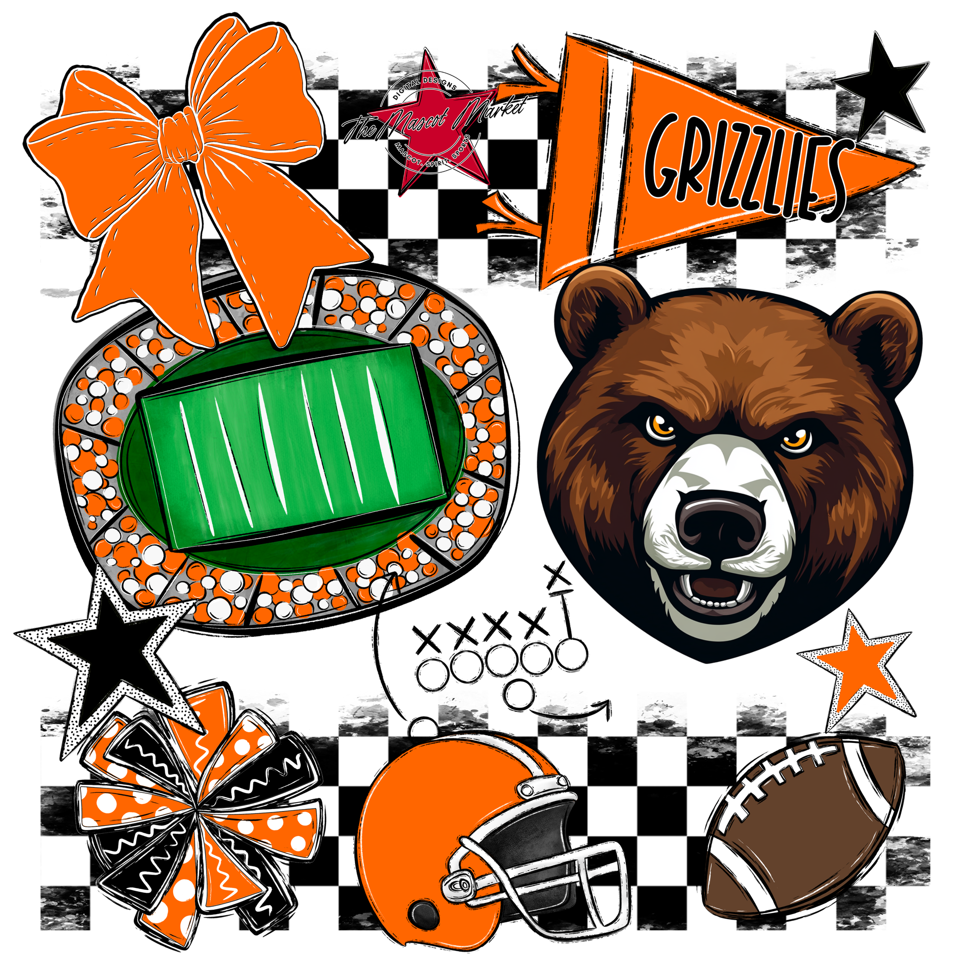 Grizzlies Checkers Mascot Spirit Design-Orange