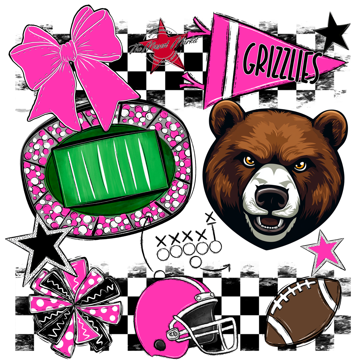 Grizzlies Checkers Mascot Spirit Design-Pink