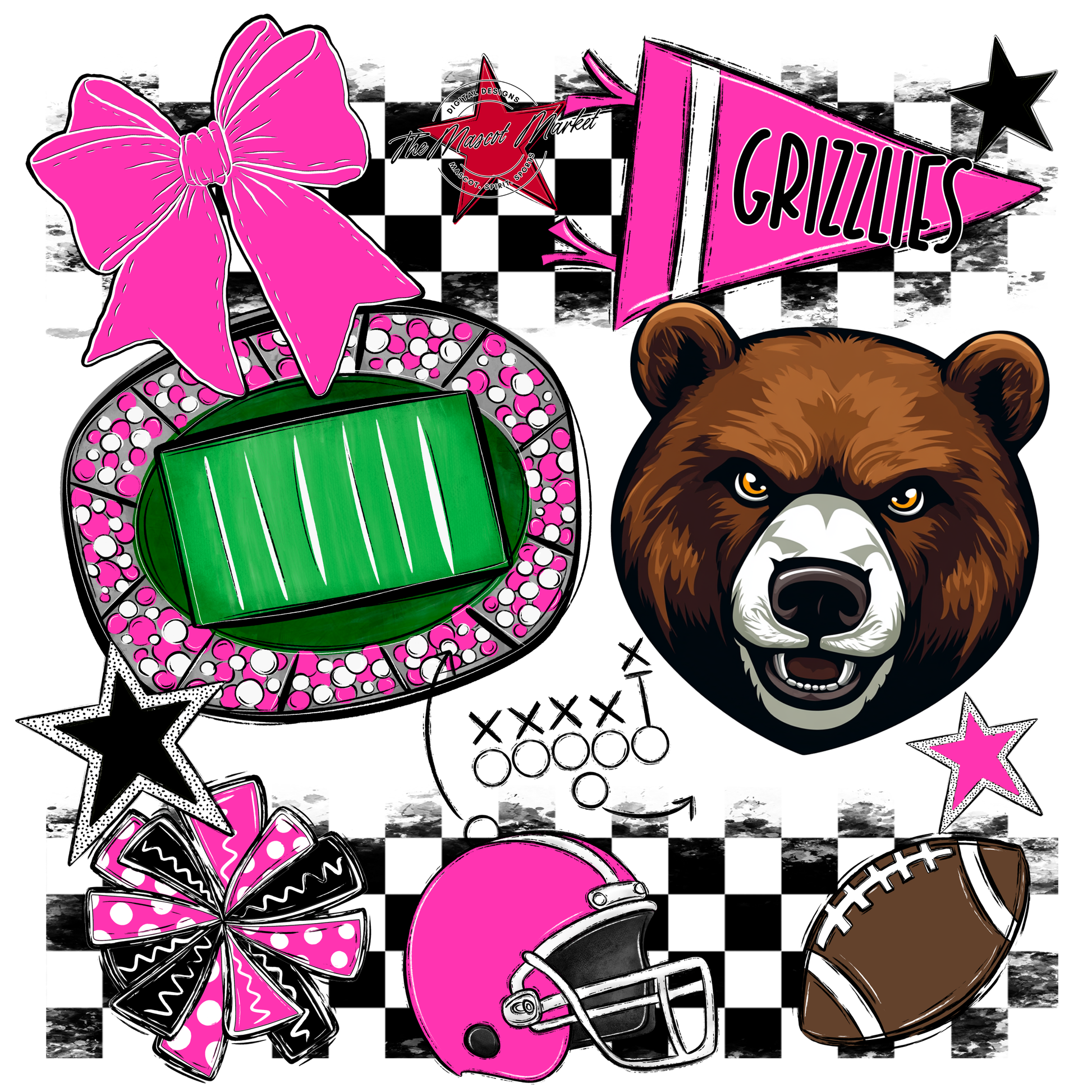 Grizzlies Checkers Mascot Spirit Design-Pink