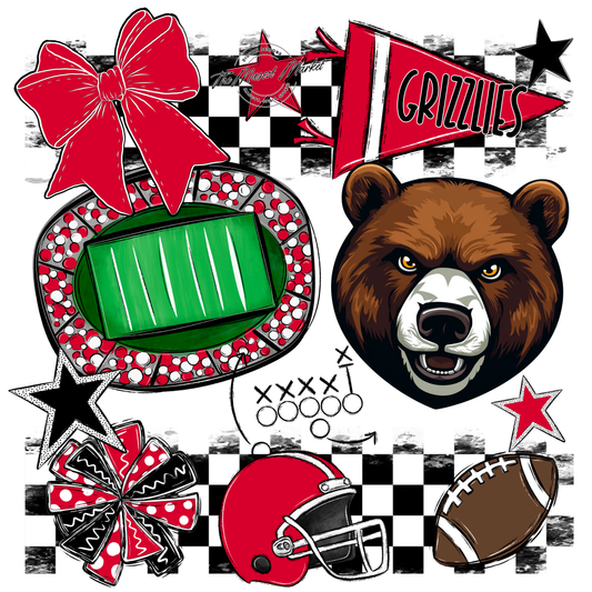 Grizzlies Checkers Mascot Spirit Design-Red