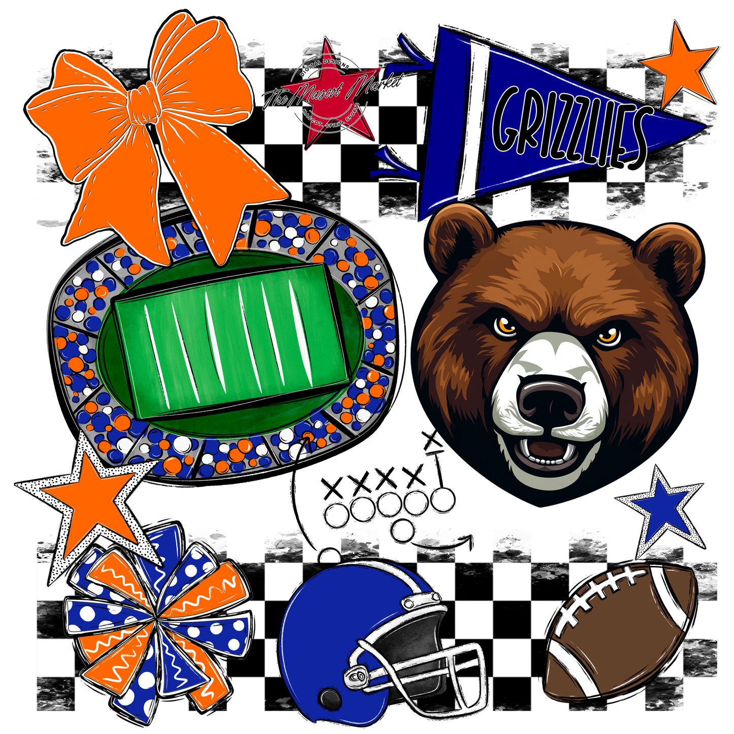 Grizzlies Checkers Mascot Spirit Design-Royal Blue-Orange