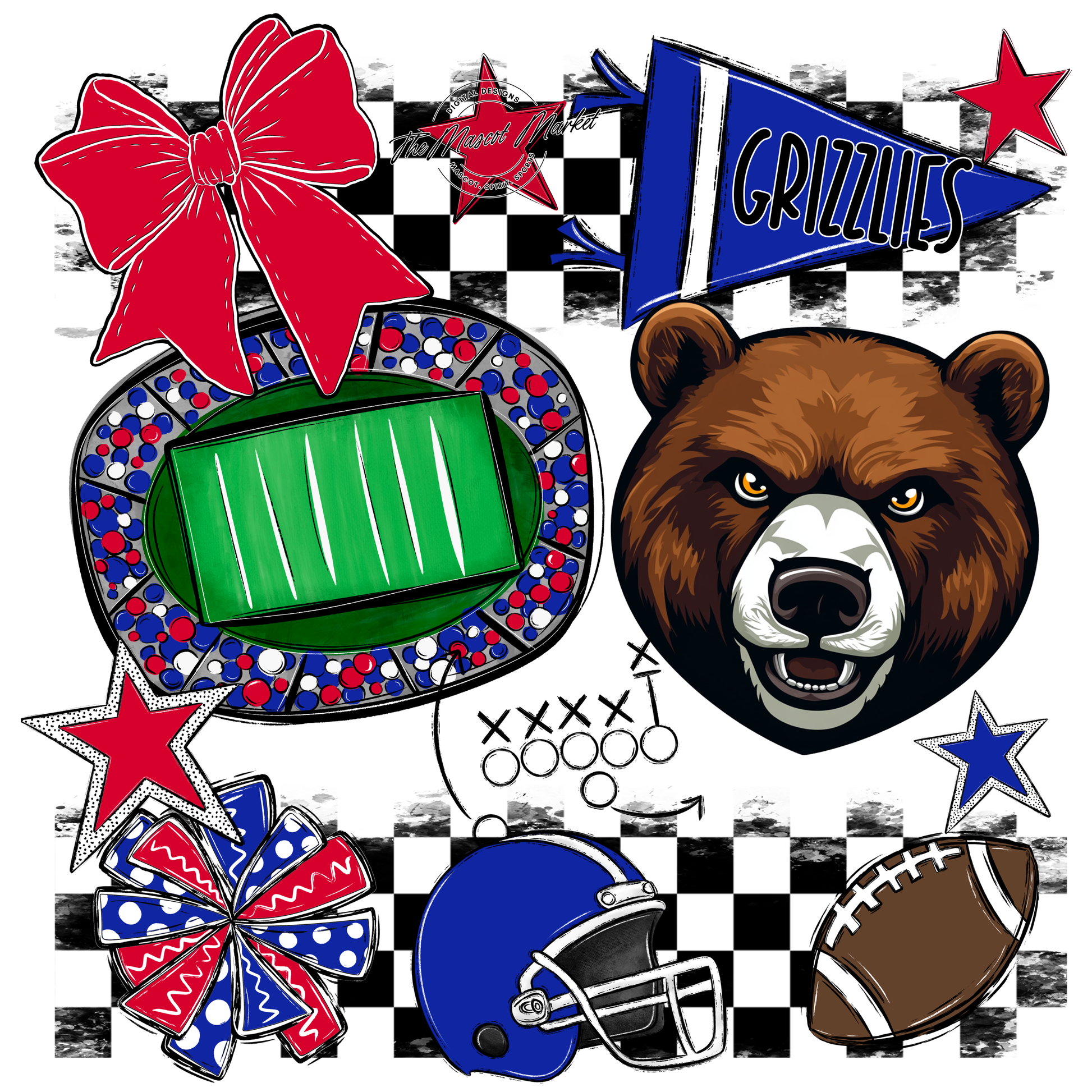 Grizzlies Checkers Mascot Spirit Design-Royal Blue-Red
