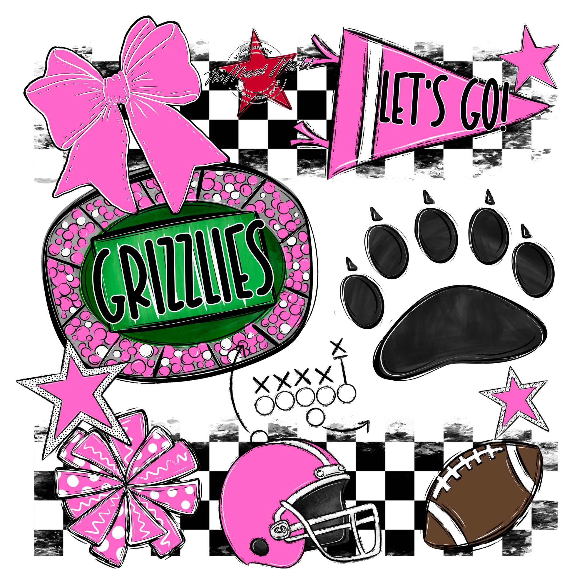 Grizzlies Checkers Mascot Spirit Design w Paw-Baby Pink