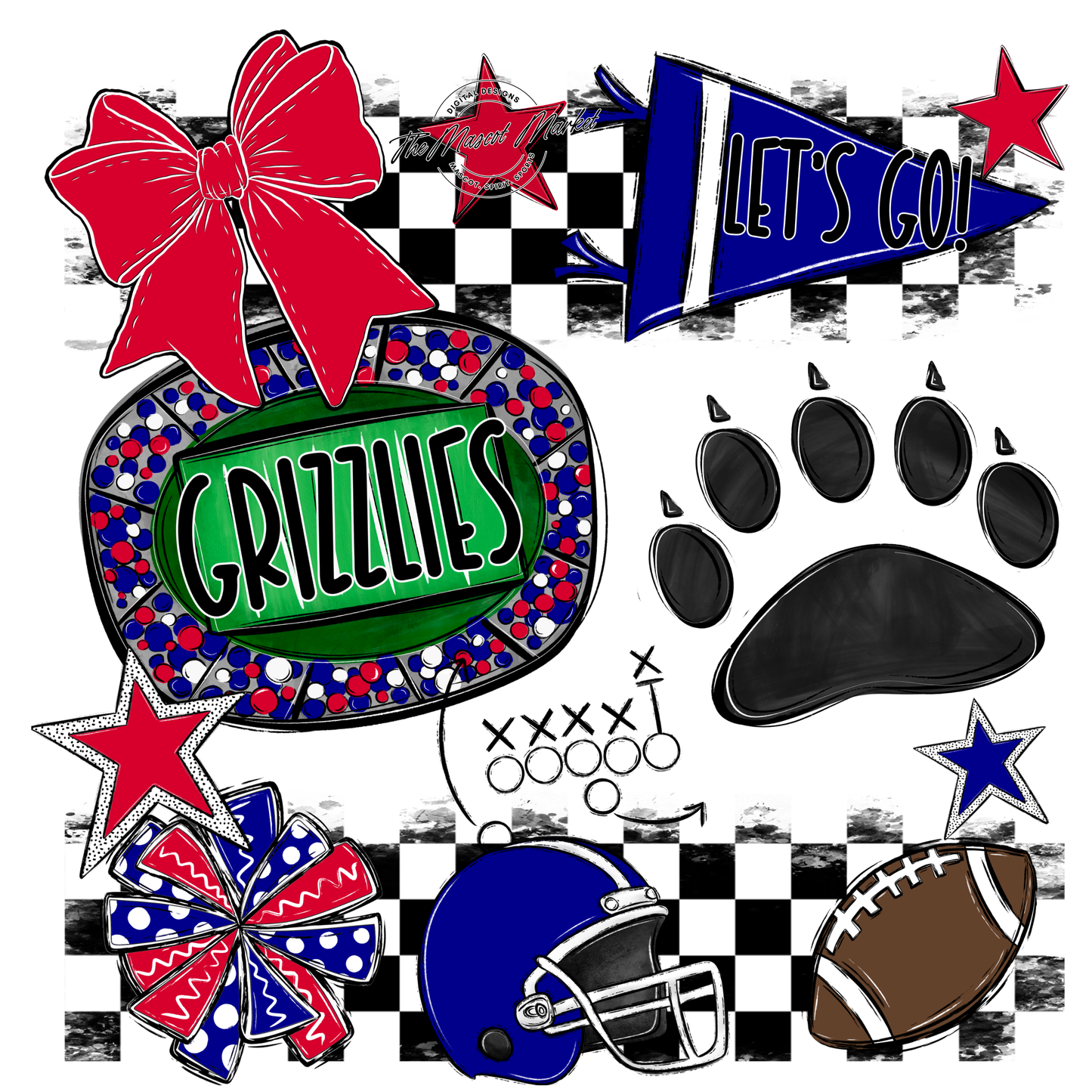 Grizzlies Checkers Mascot Spirit Design w Paw-Blue-Red