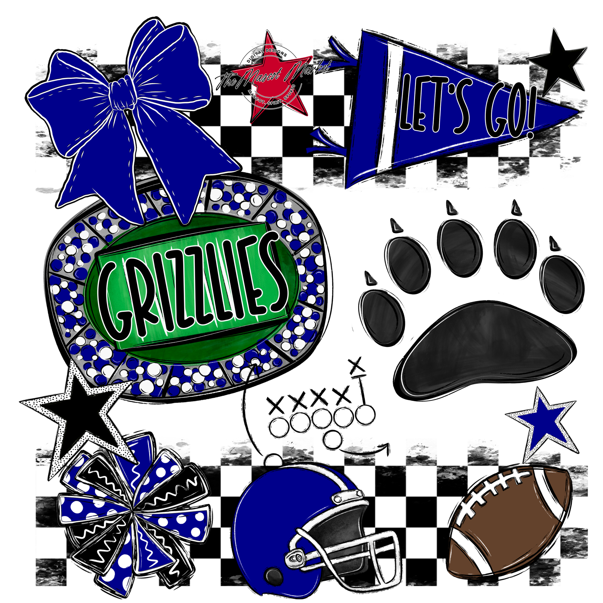 Grizzlies Checkers Mascot Spirit Design w Paw-Blue