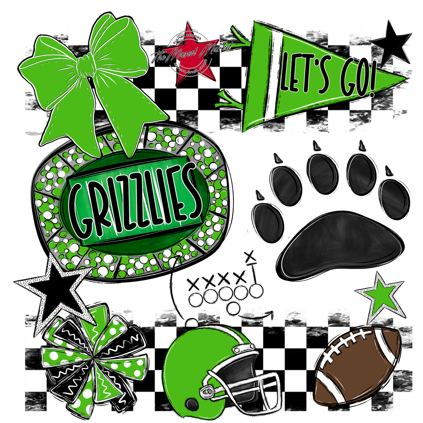 Grizzlies Checkers Mascot Spirit Design w Paw-Bright Green