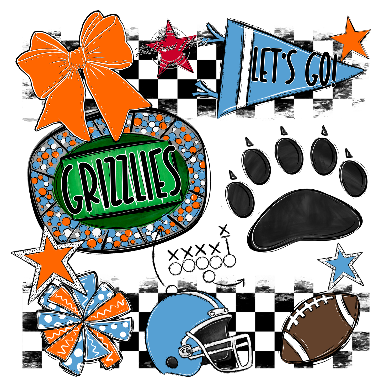 Grizzlies Checkers Mascot Spirit Design w Paw-Carolina Blue-Orange