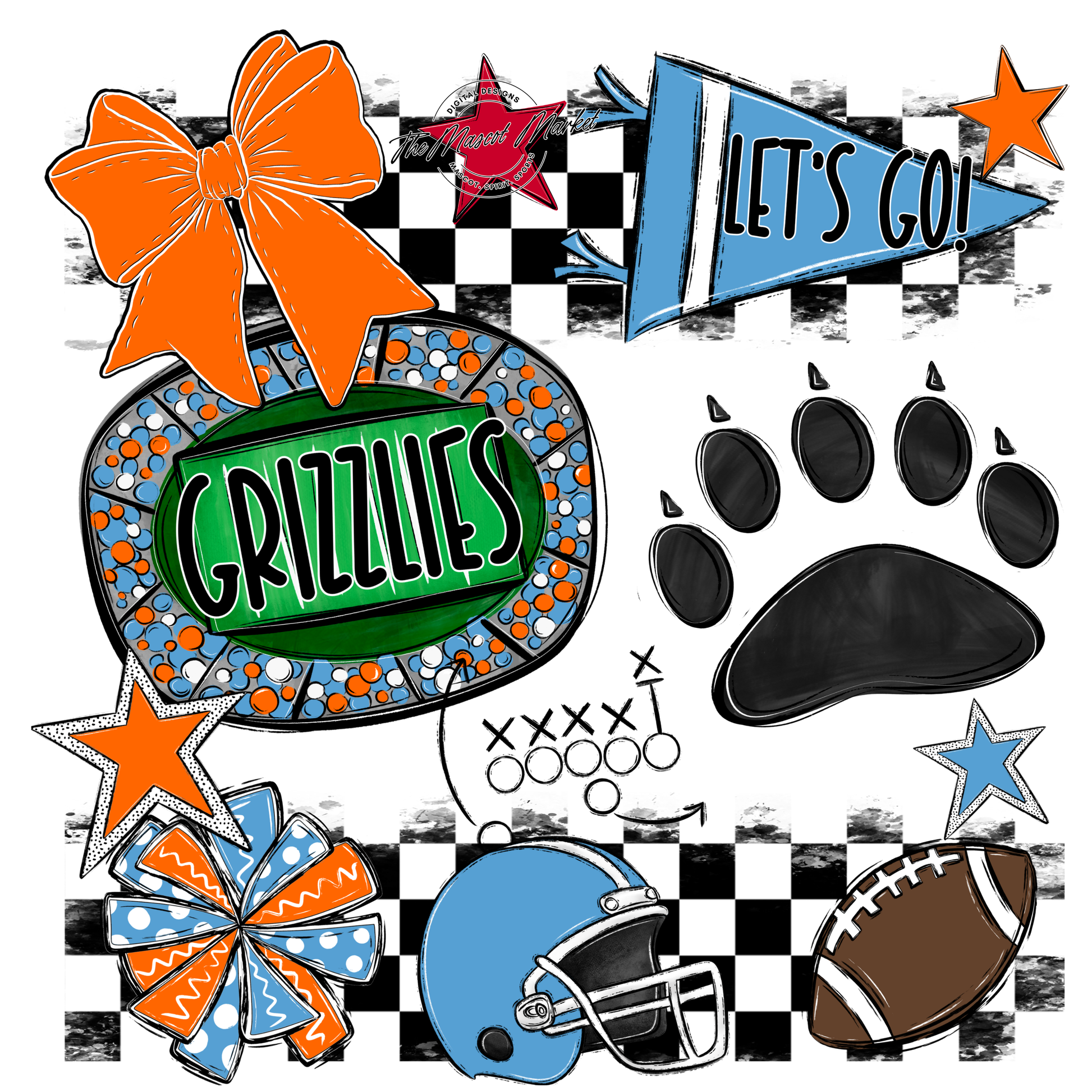 Grizzlies Checkers Mascot Spirit Design w Paw-Carolina Blue-Orange
