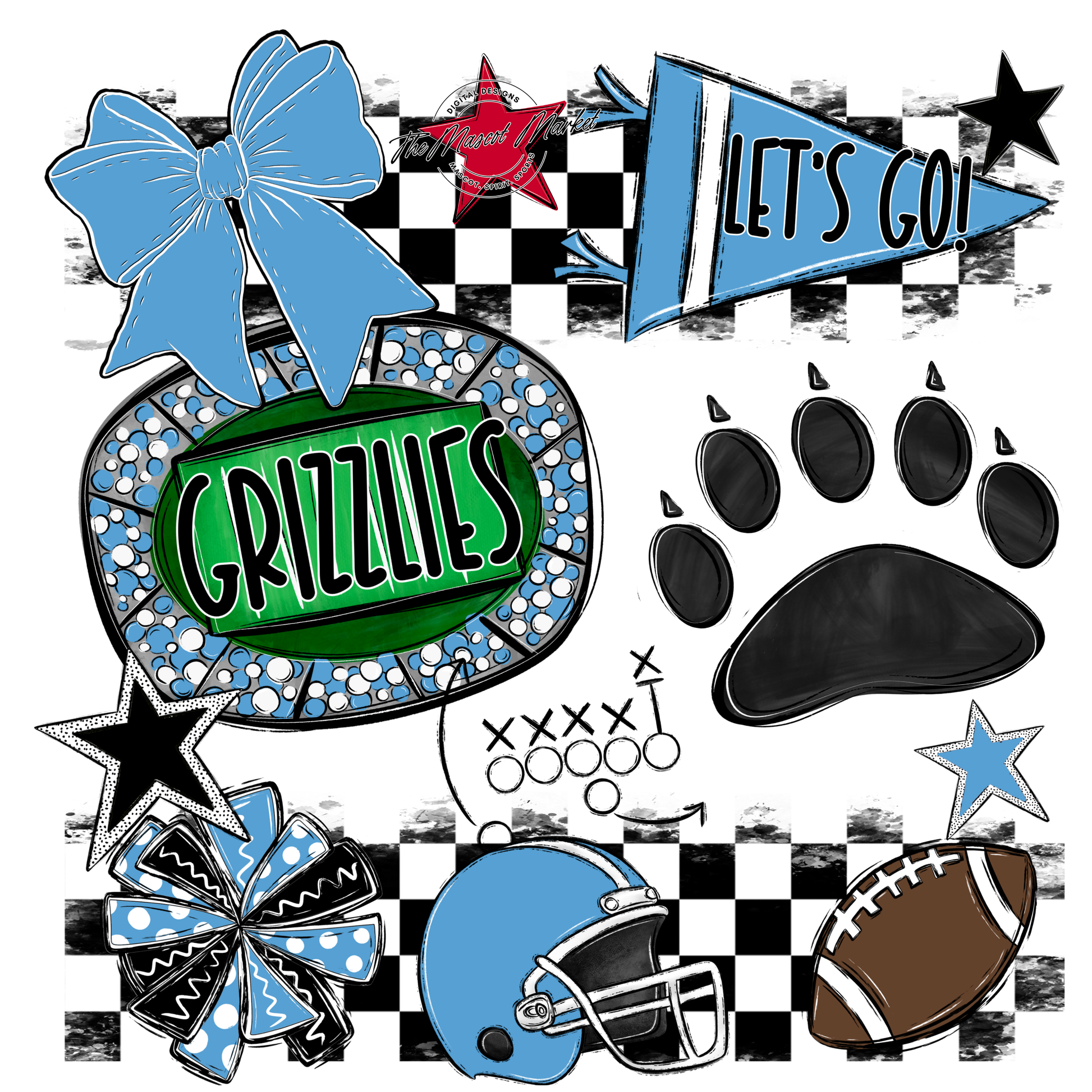 Grizzlies Checkers Mascot Spirit Design w Paw-Carolina Blue