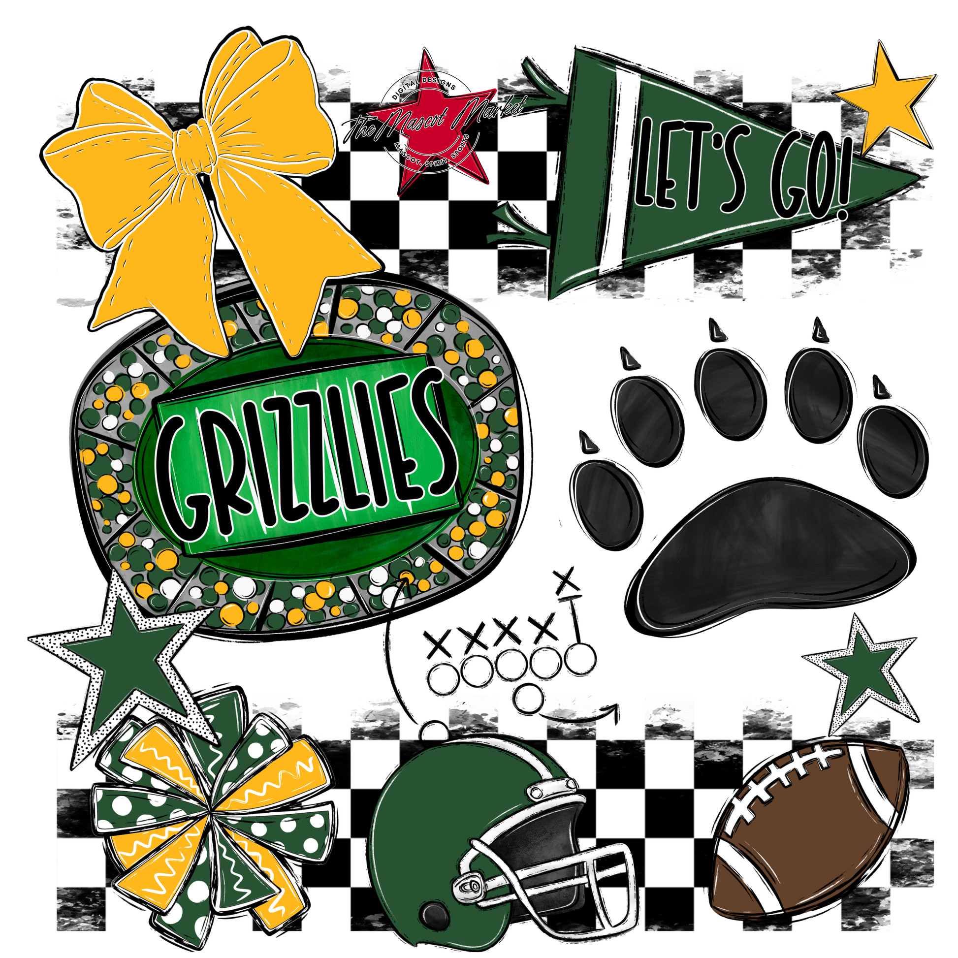 Grizzlies Checkers Mascot Spirit Design w Paw-Green-Yellow