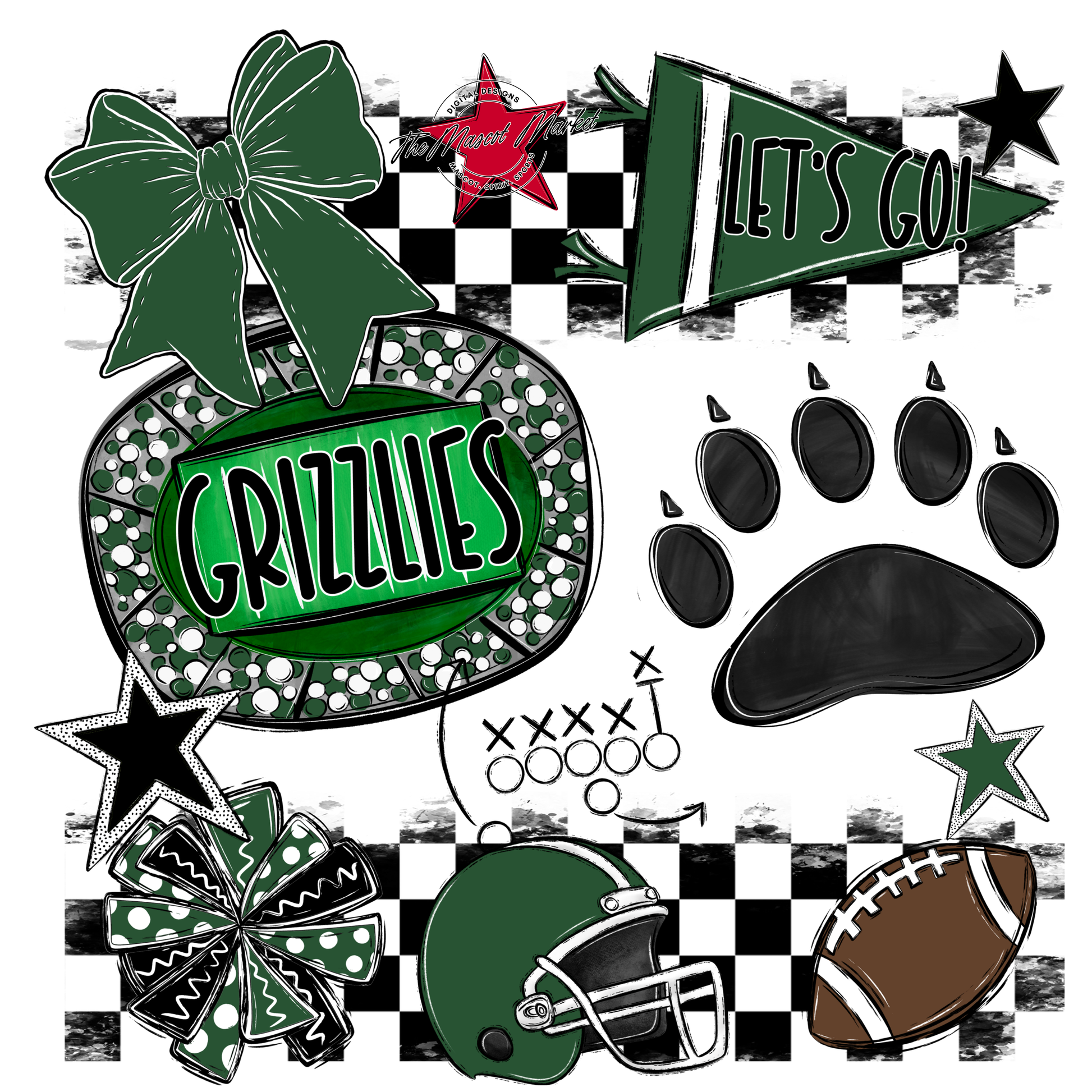 Grizzlies Checkers Mascot Spirit Design w Paw-Green