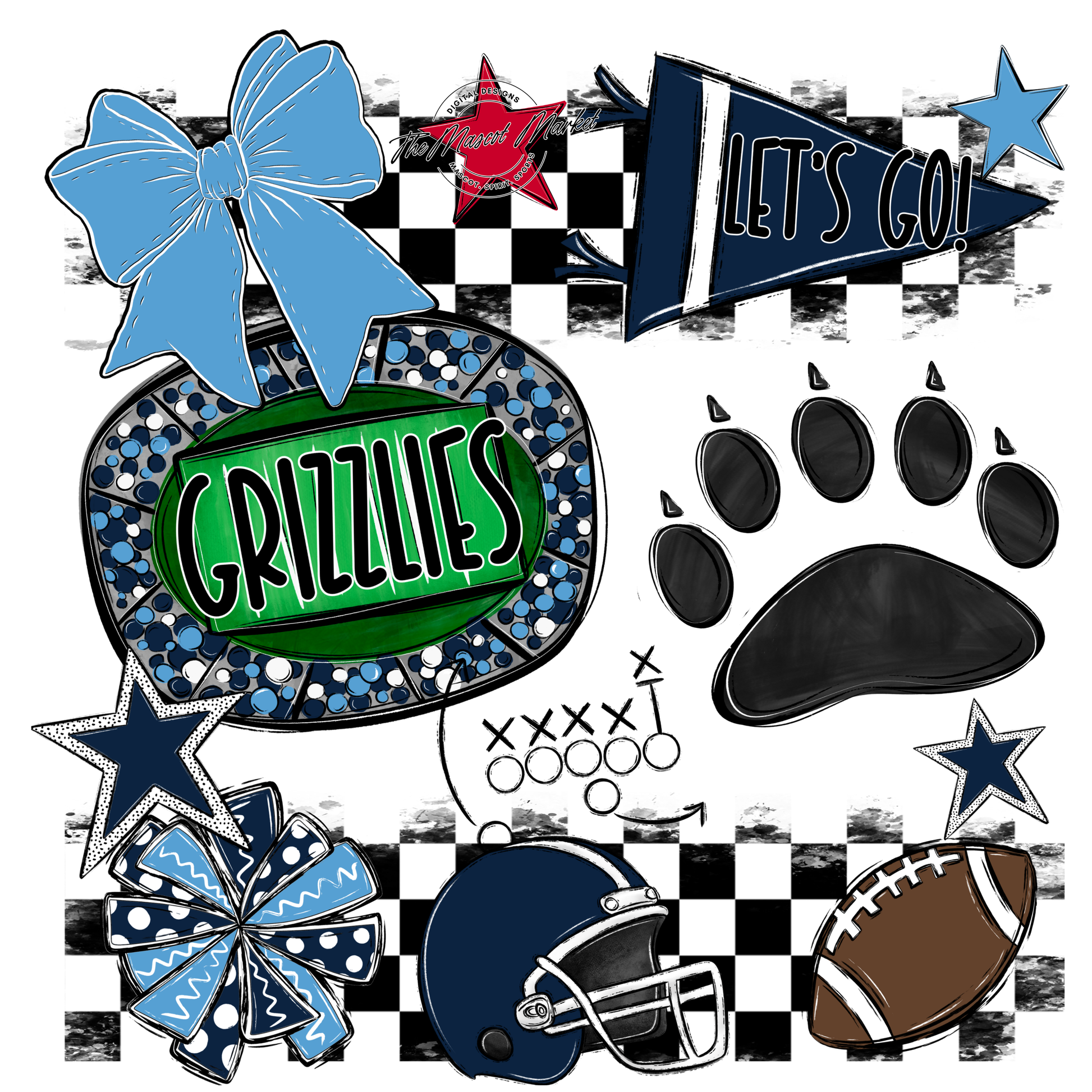 Grizzlies Checkers Mascot Spirit Design w Paw-Navy-Carolina Blue