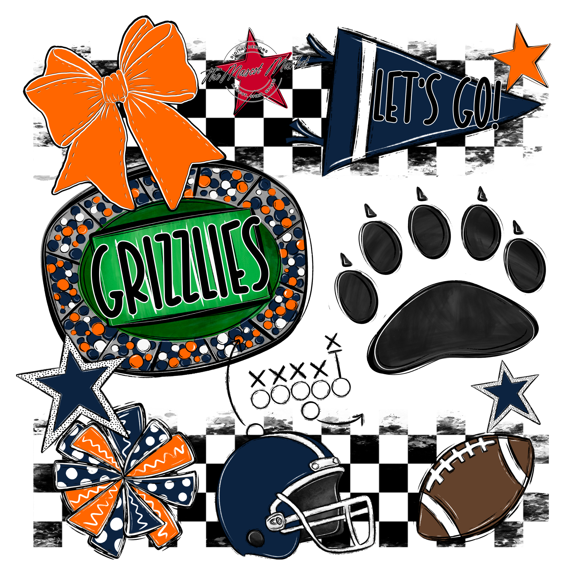 Grizzlies Checkers Mascot Spirit Design w Paw-Navy-Orange