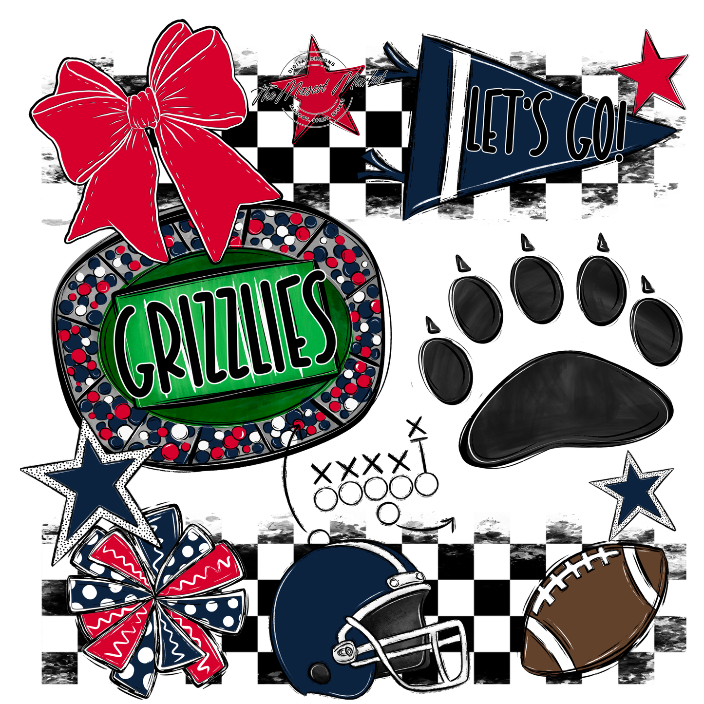 Grizzlies Checkers Mascot Spirit Design w Paw-Navy-Red