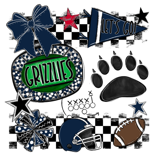 Grizzlies Checkers Mascot Spirit Design w Paw-Navy