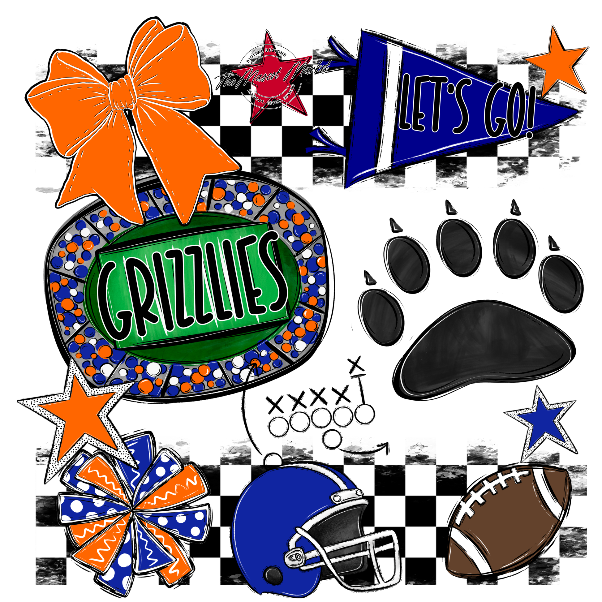 Grizzlies Checkers Mascot Spirit Design w Paw-Royal Blue-Orange