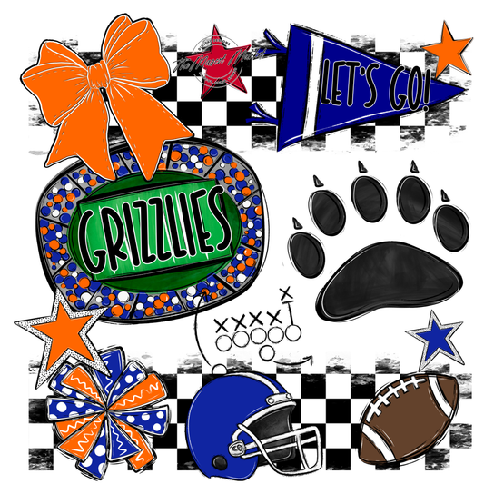 Grizzlies Checkers Mascot Spirit Design w Paw-Royal Blue-Orange
