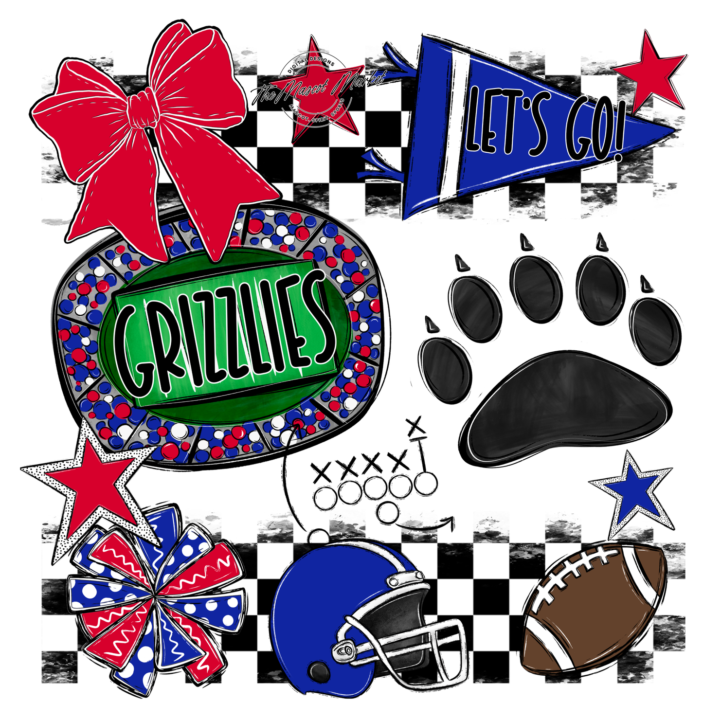 Grizzlies Checkers Mascot Spirit Design w Paw-Royal Blue-Red