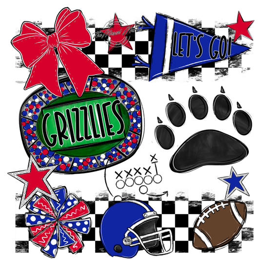 Grizzlies Checkers Mascot Spirit Design w Paw-Royal Blue-Red