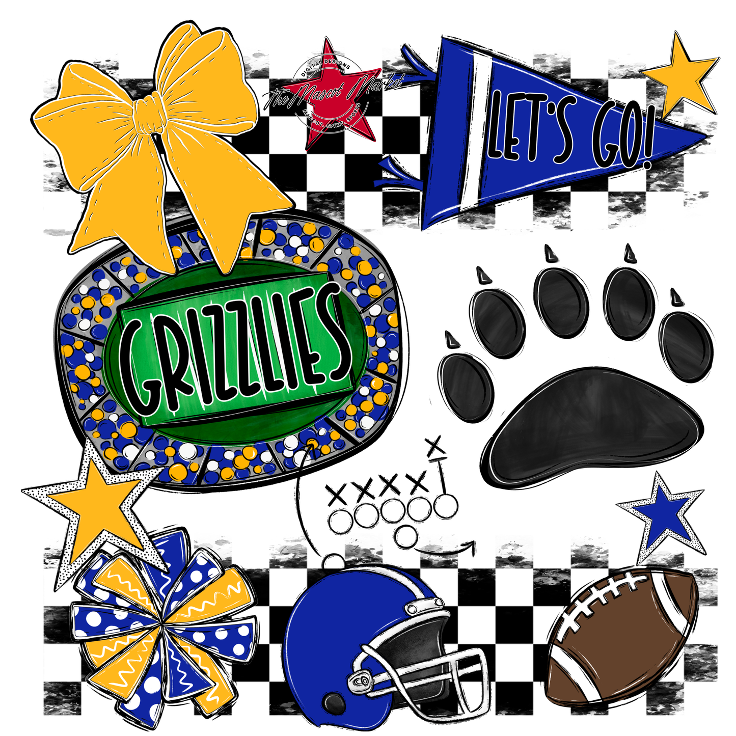 Grizzlies Checkers Mascot Spirit Design w Paw-Royal Blue-Yellow