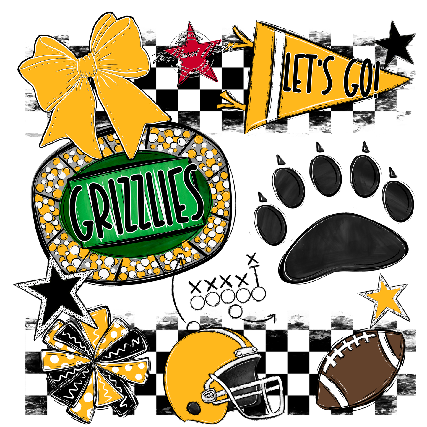 Grizzlies Checkers Mascot Spirit Design w Paw-Yellow
