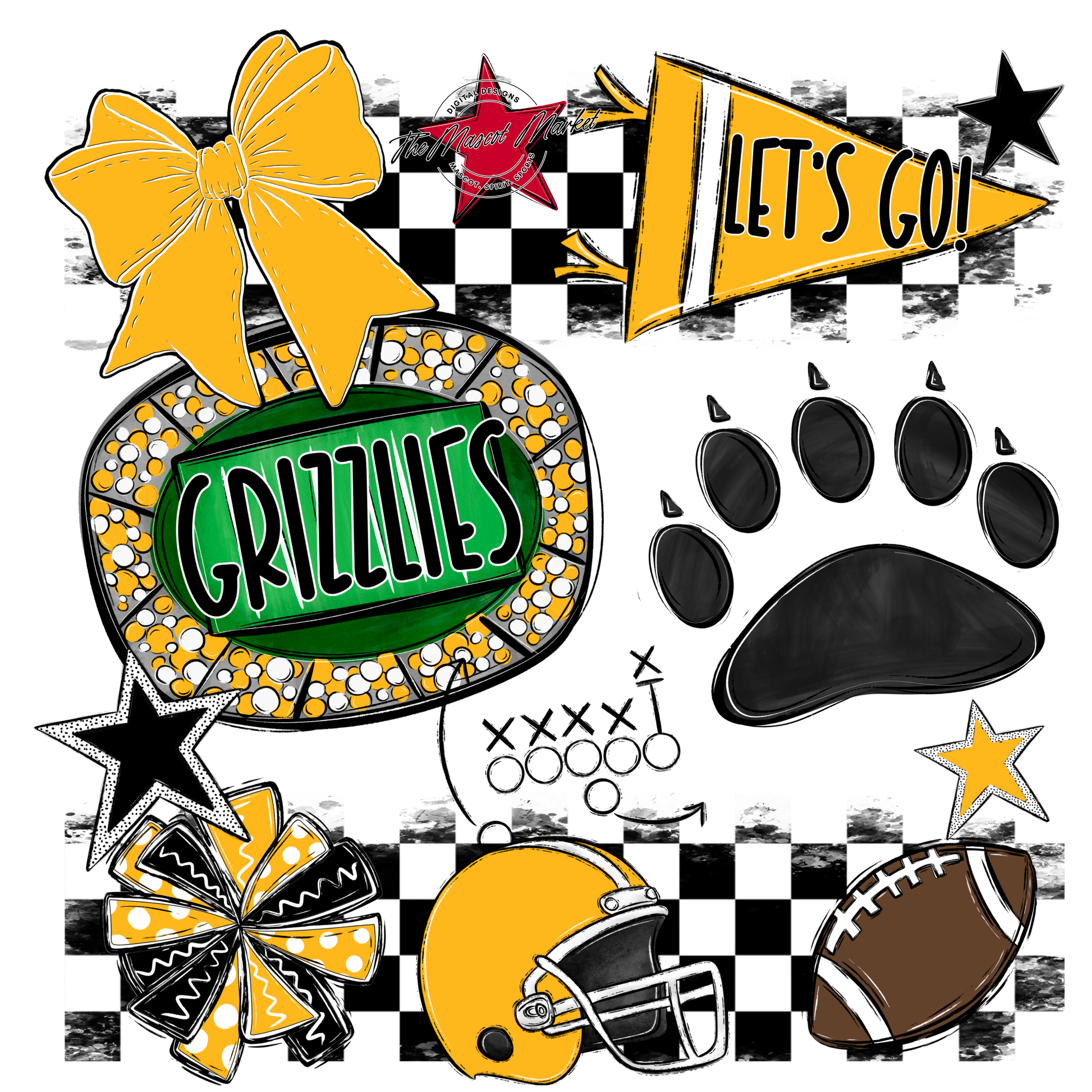 Grizzlies Checkers Mascot Spirit Design w Paw-Yellow