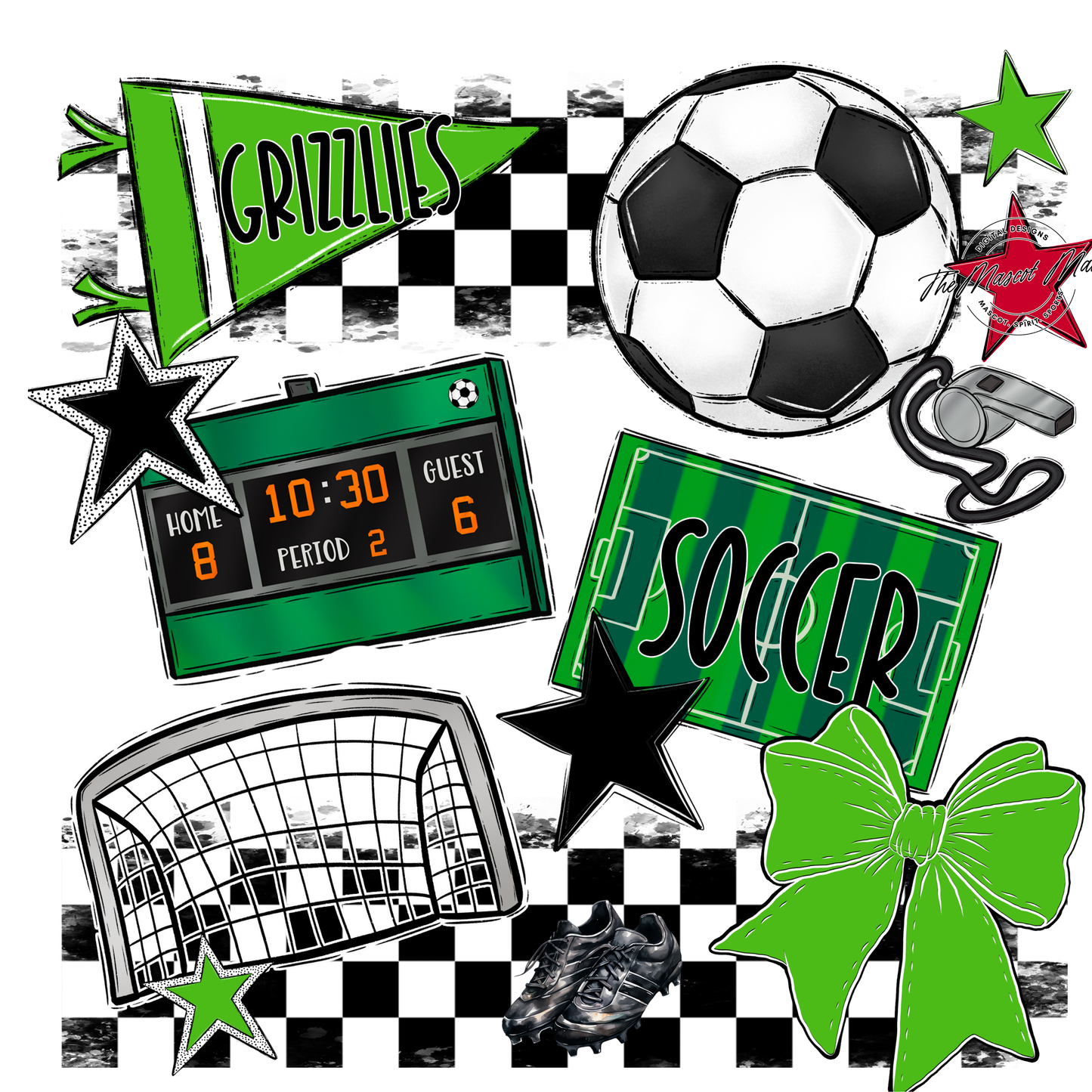 Grizzlies Checkers Soccer Spirit Design-Bright Green