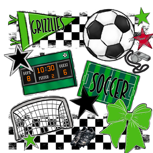 Grizzlies Checkers Soccer Spirit Design-Bright Green