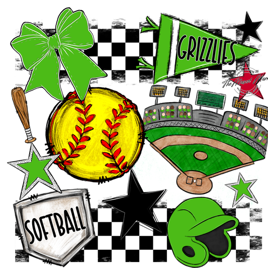Grizzlies Checkers Softball Spirit Design-Bright Green