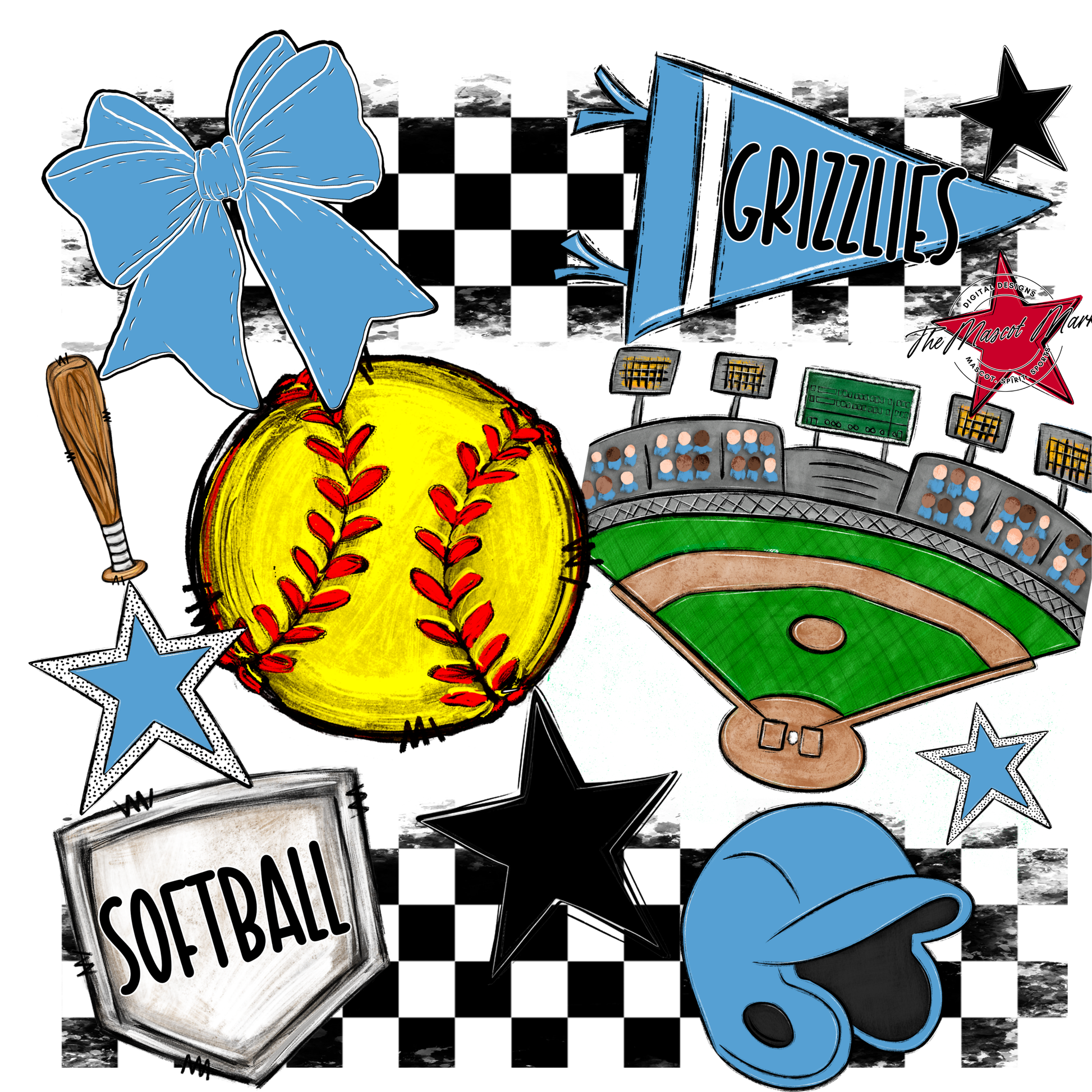 Grizzlies Checkers Softball Spirit Design-Carolina Blue