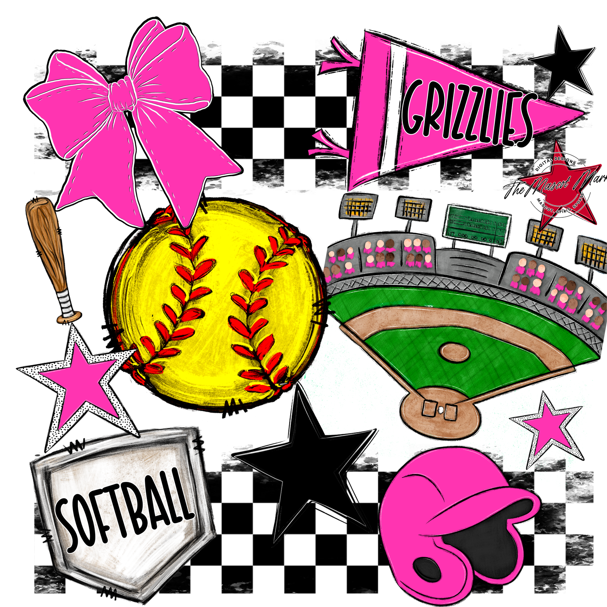 Grizzlies Checkers Softball Spirit Design-Pink