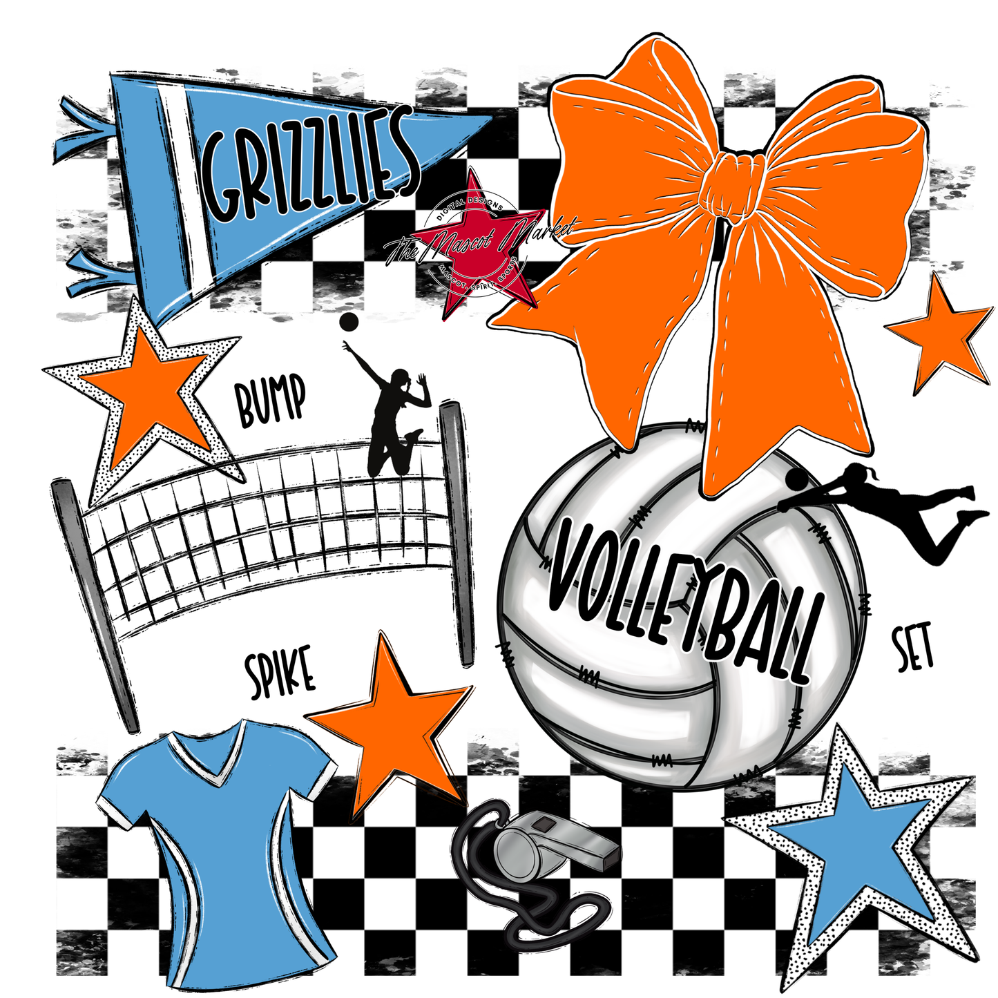 Grizzlies Checkers Volleyball Spirit Design-Carolina Blue-Orange