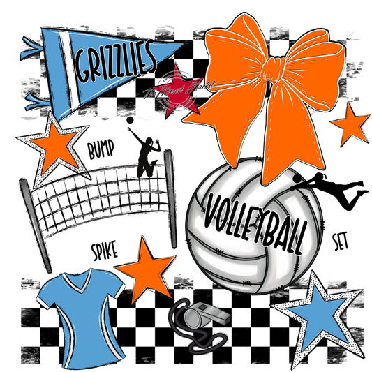 Grizzlies Checkers Volleyball Spirit Design-Carolina Blue-Orange