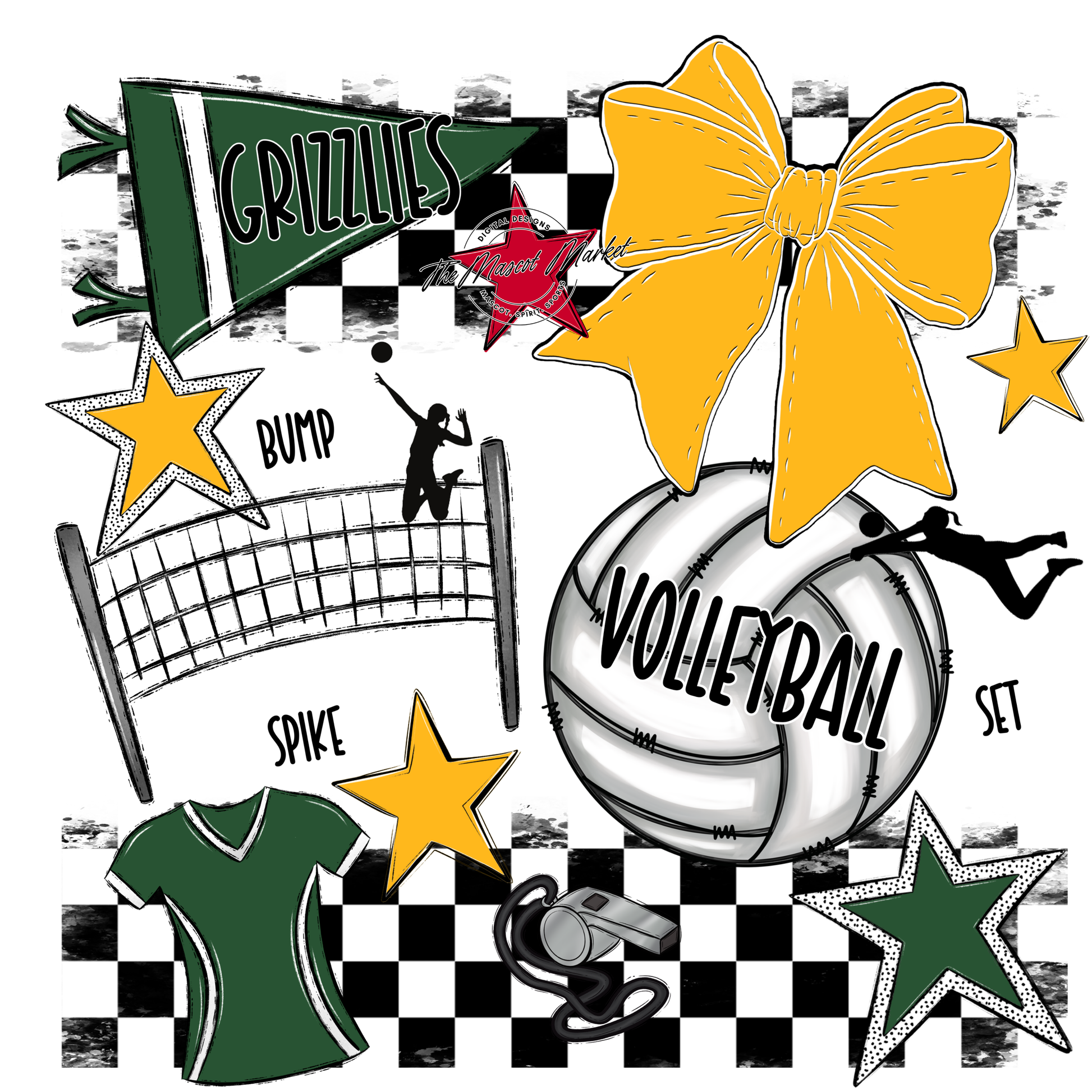 Grizzlies Checkers Volleyball Spirit Design-Green-Yellow