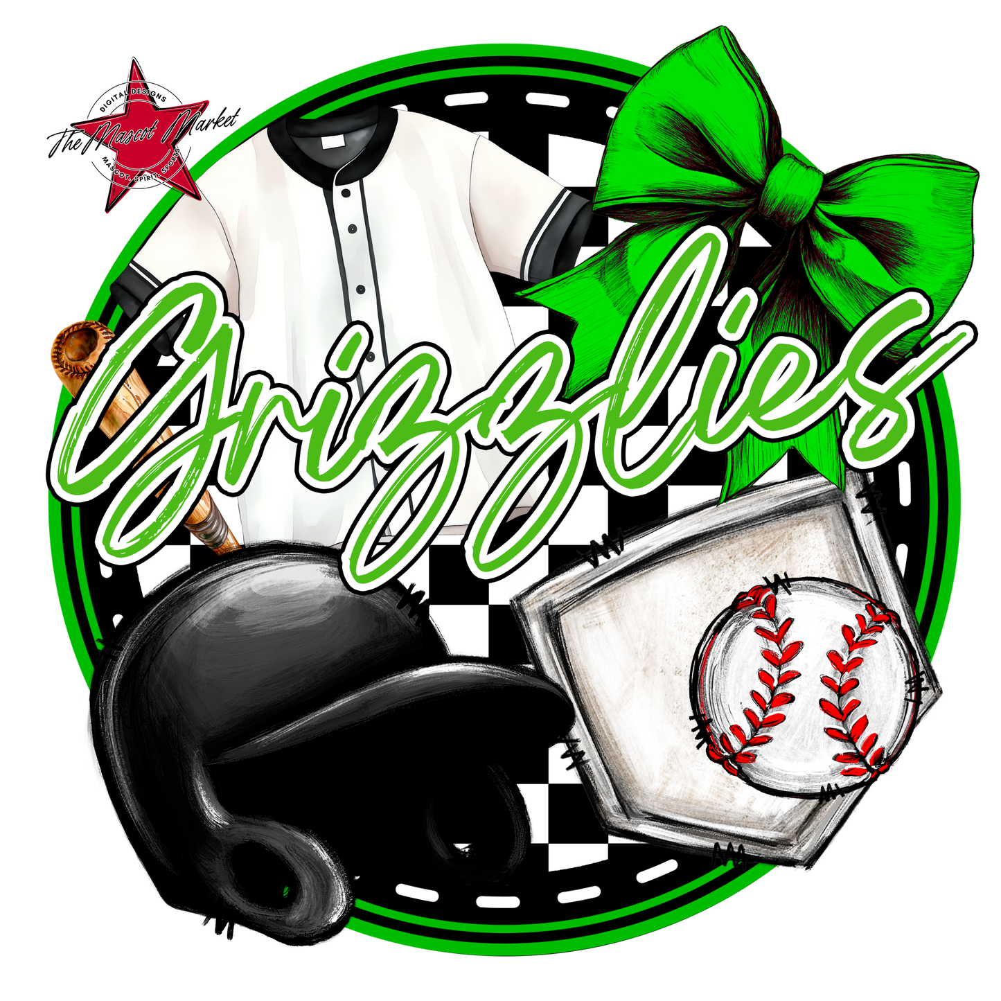 Grizzlies Circle Baseball Design-Bright Green