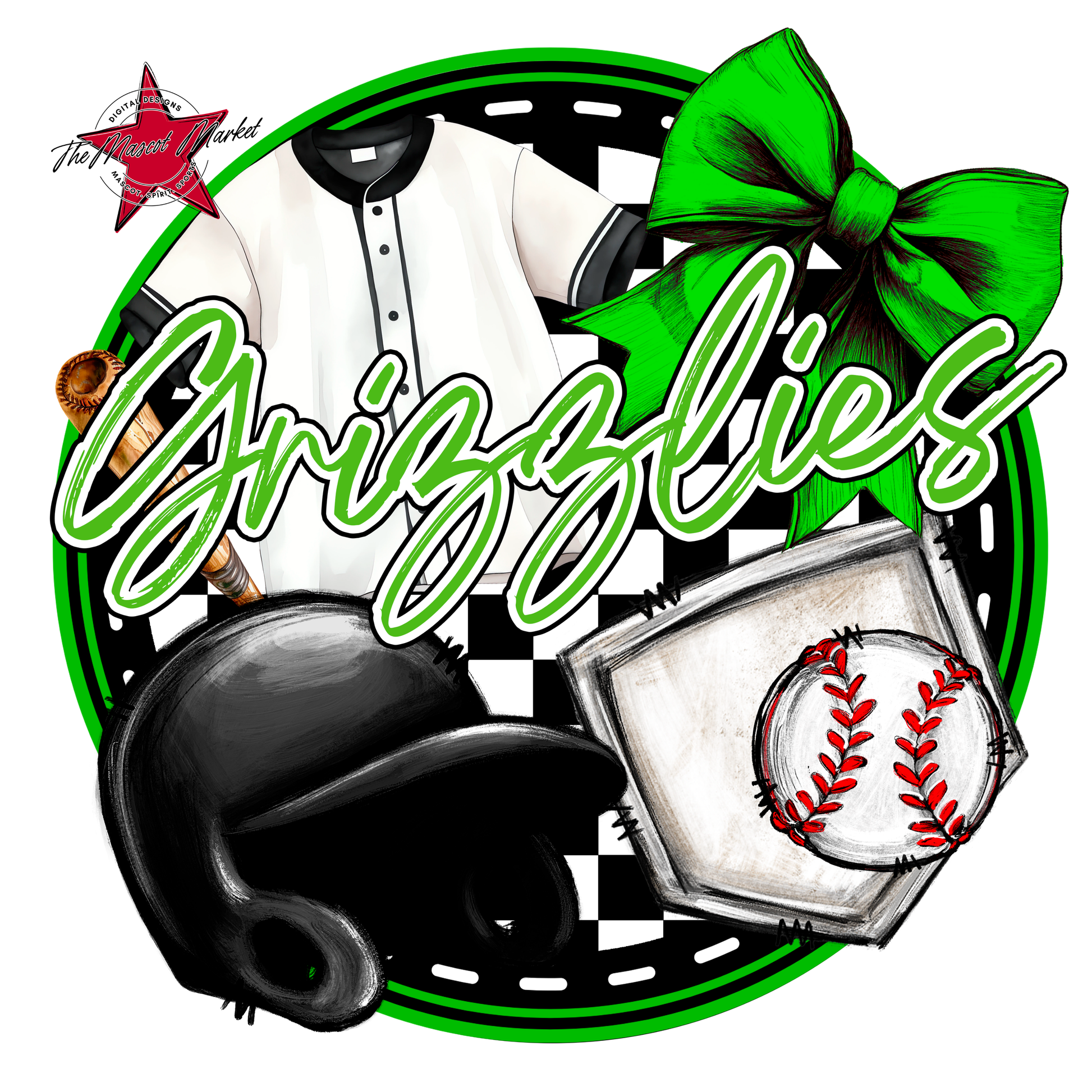 Grizzlies Circle Baseball Design-Bright Green