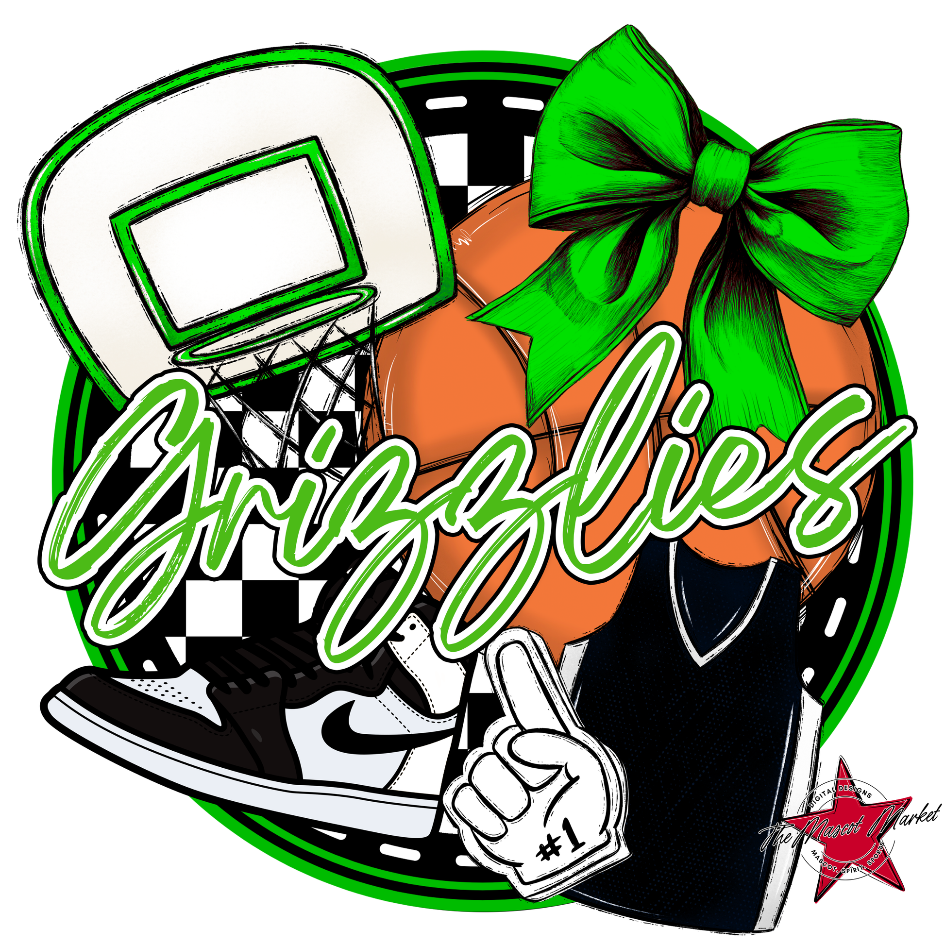 Grizzlies Circle Basketball Design-Bright Green