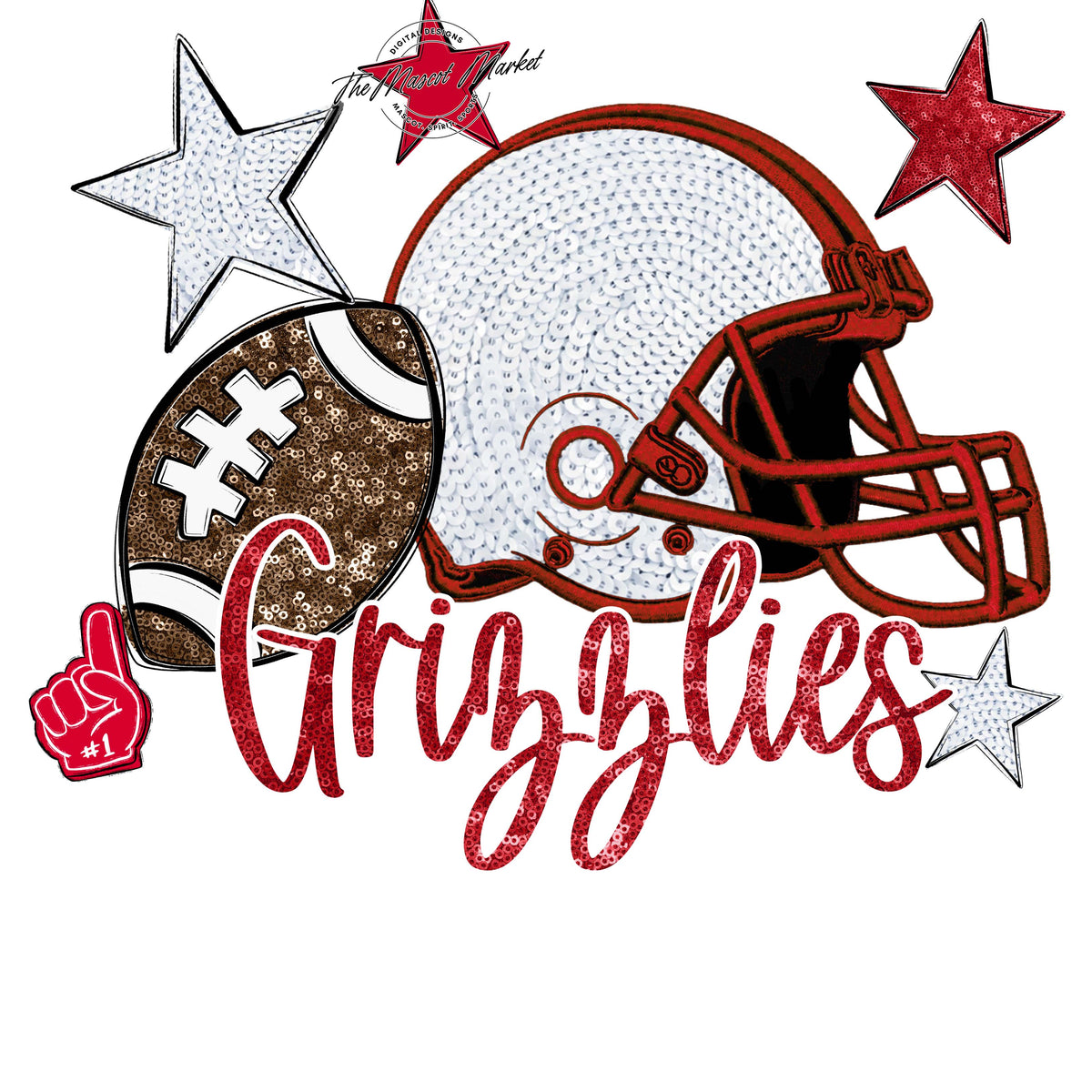 Grizzlies Football Embroidered Sequins Design-Red