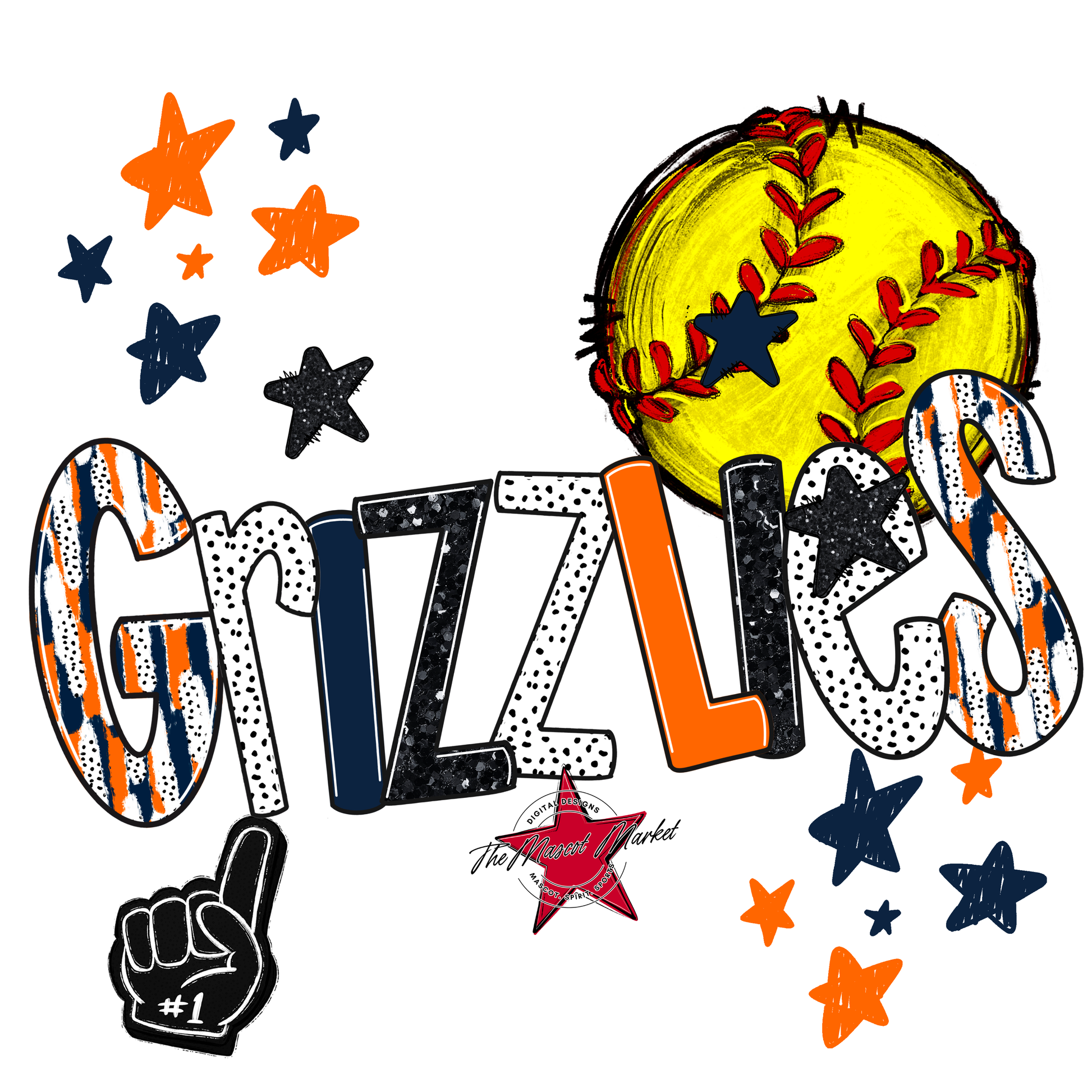 Grizzlies Softball Scrape-Navy-Orange