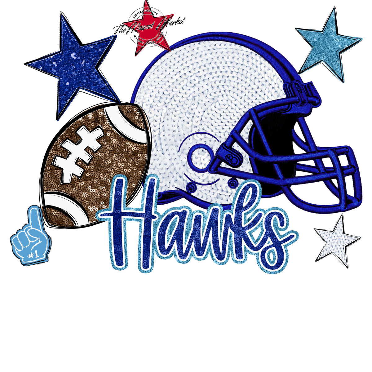 Hawks Football Embroidered Sequins Design-Blue & Carolina Blue