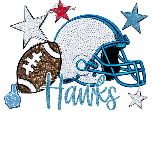 Hawks Football Embroidered Sequins Design-Carolina Blue