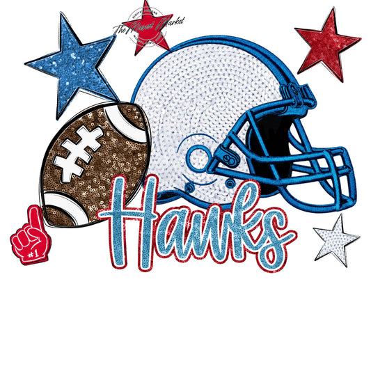 Hawks Football Embroidered Sequins Design-Carolina Blue & Red