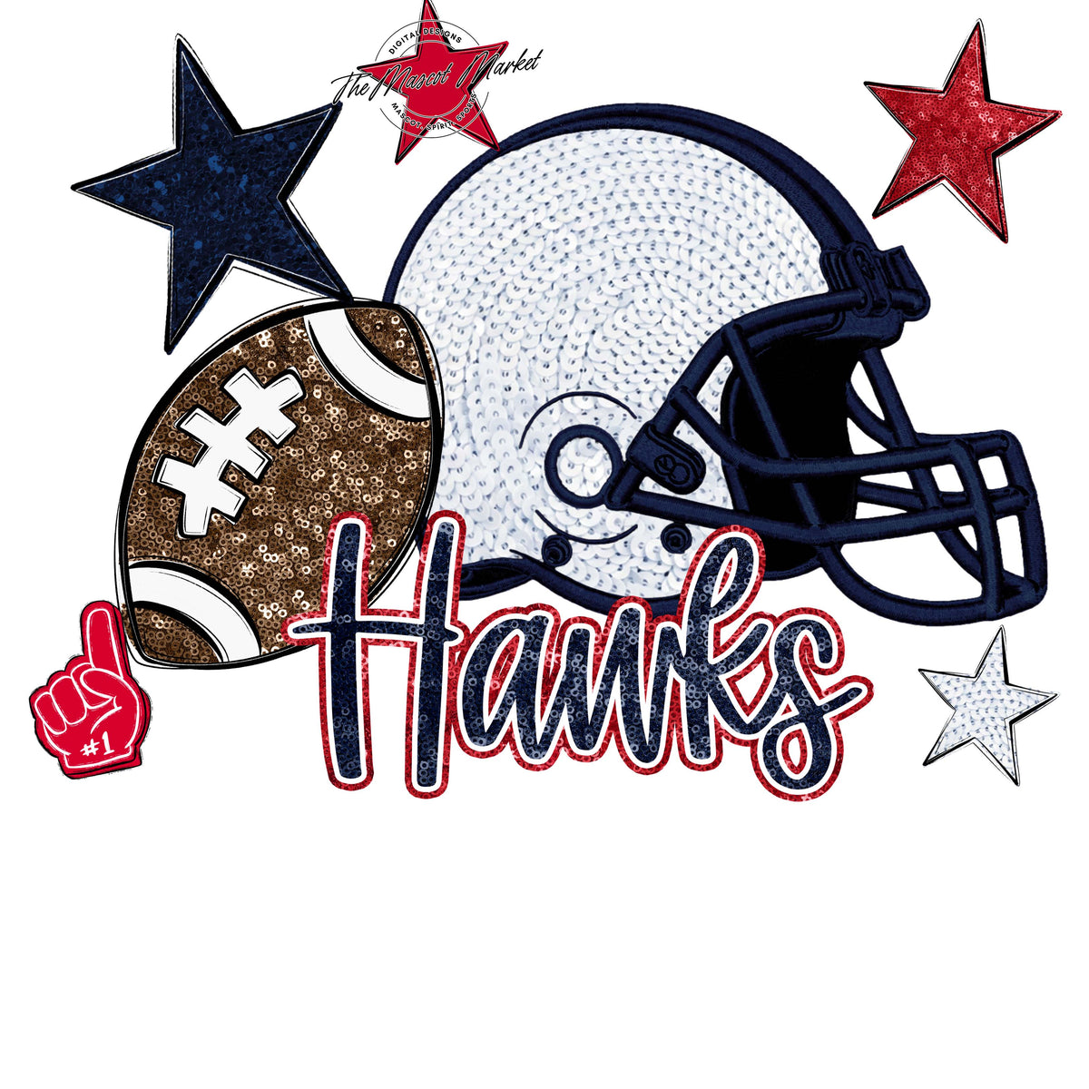 Hawks Football Embroidered Sequins Design-Navy & Red