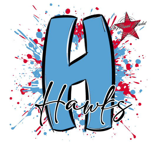 Hawks Mascot Splatter-Carolina Blue & Red