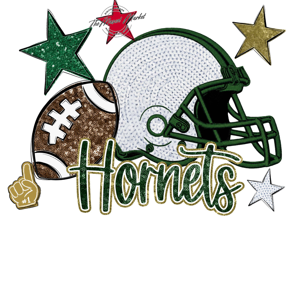 Hornets Football Embroidered Sequins Design-Green & Gold