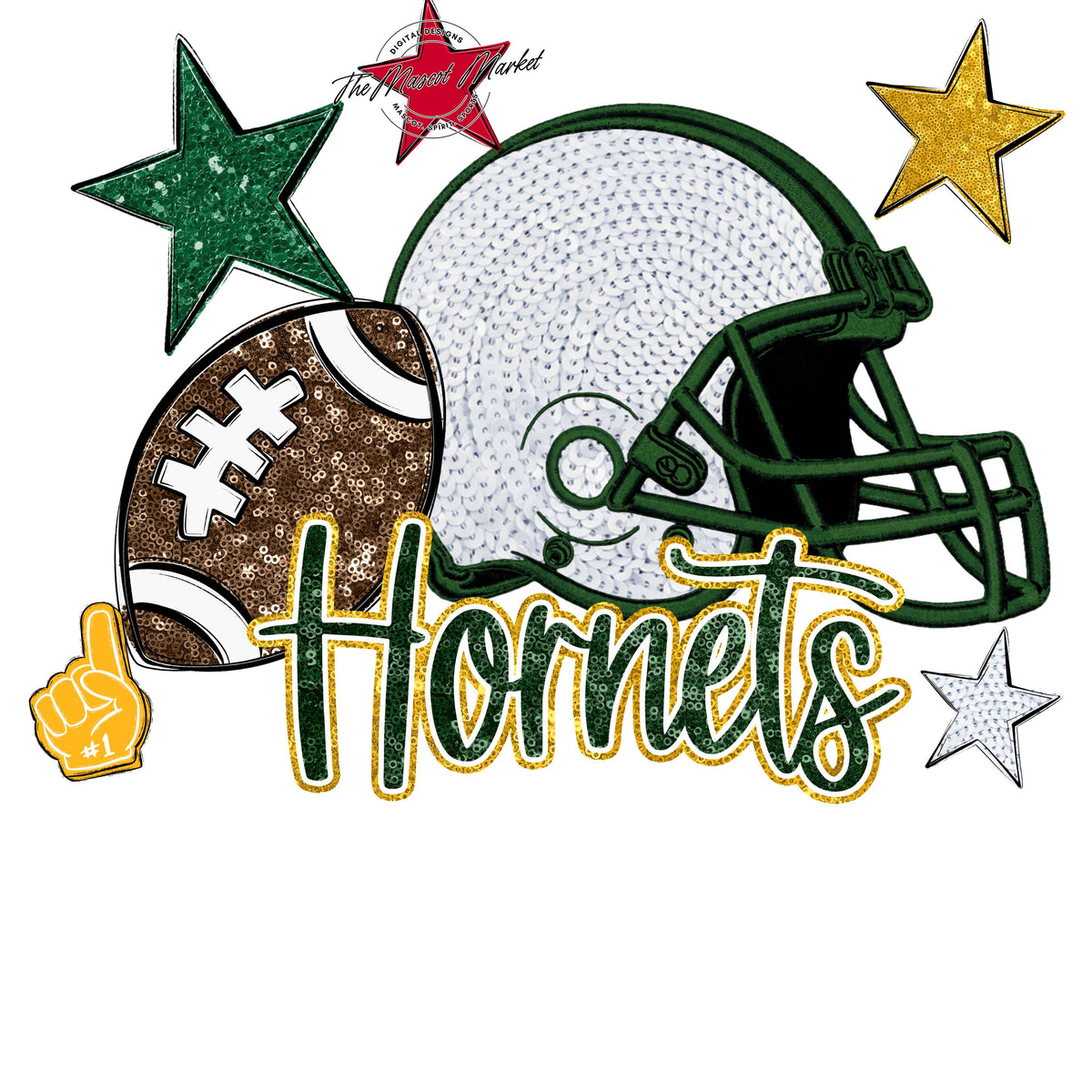 Hornets Football Embroidered Sequins Design-Green & Yellow